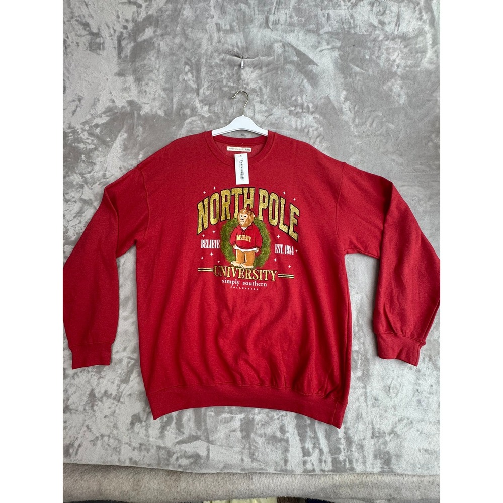 Simply Southern NorthPole University Crewneck Sweatshirt Red XL-XXL Bear Graphic